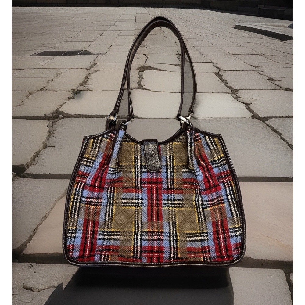 Vera Bradley Plaid Quilted Wool Shoulder Bag Brown Faux Leather Trim Tote
